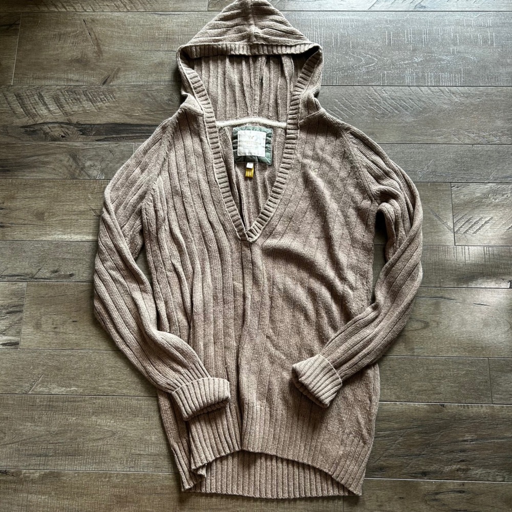 Y2K American Eagle Women's XL Tan Ribbed V-Neck Hooded Sweater Dress